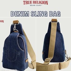 True Religion Denim Sling Bag - Blue and Tan